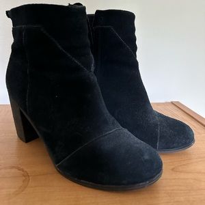 TOMS Black Suede Ankle Boot, 2.75” heel, Size 6.5